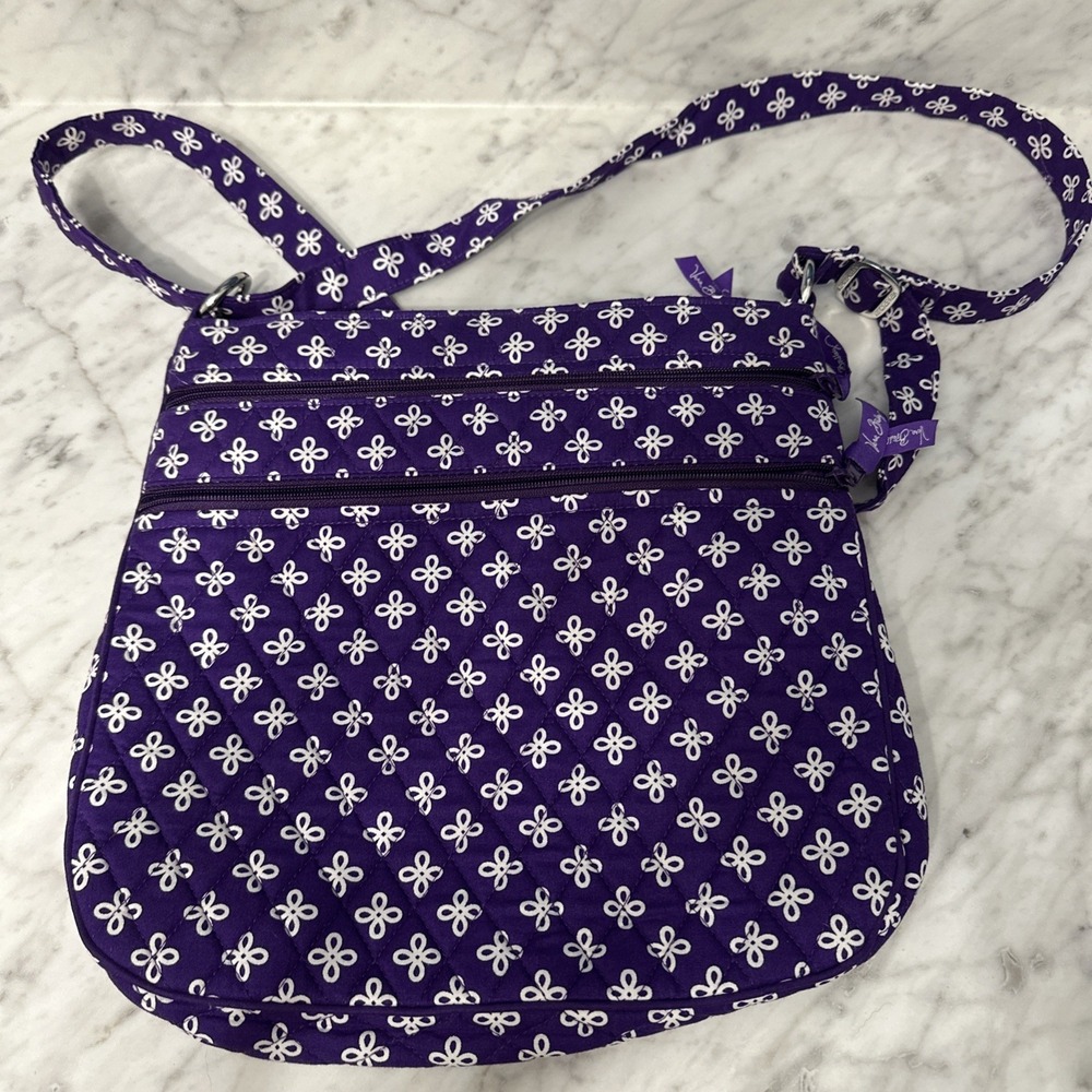 Vera‎ Bradley Purple & White Triple Zip Bag Hipster Purse crossbody Excellent